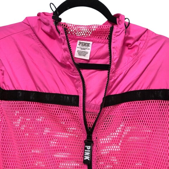 NEW PINK Victoria's Secret Solid Neon Pink Mesh Hooded Full Zip Long Sleeve Jack - Picture 4 of 11